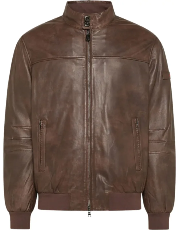 Vintage-effect Leather Bomber Jacket With Ribbed Details