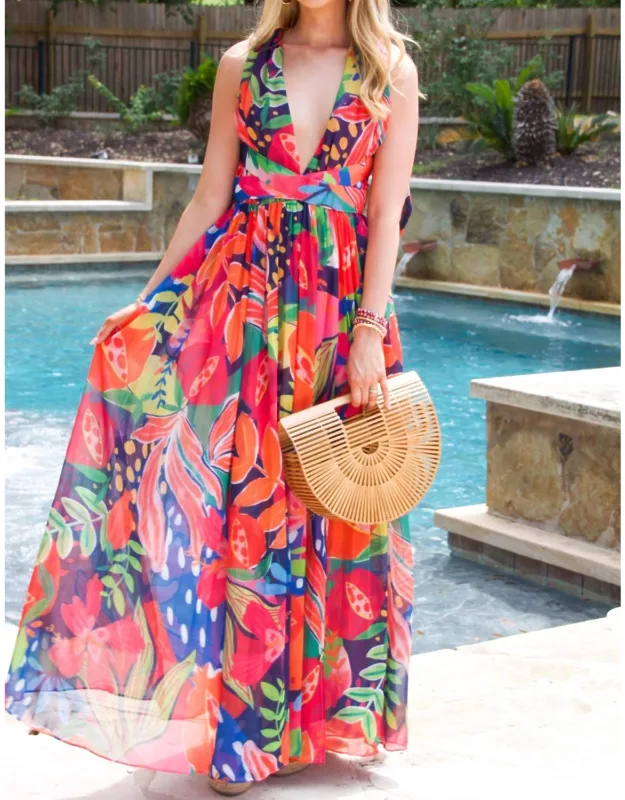 Tropical Cutout Open Back Maxi Dress