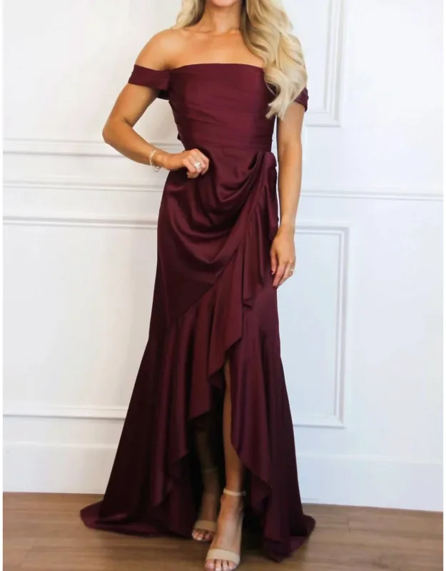 Renna Off Shoulder Satin Ruffle Maxi Dress
