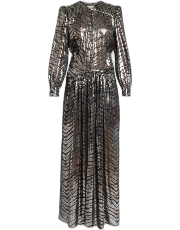 Metallic Tiger-print Long-sleeve Maxi Dress