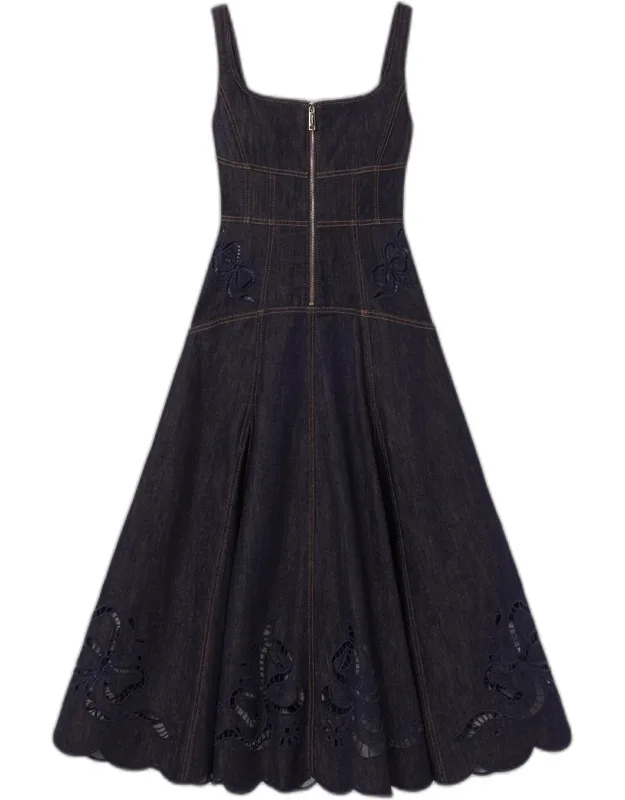 Embroidered Denim Midi Dress