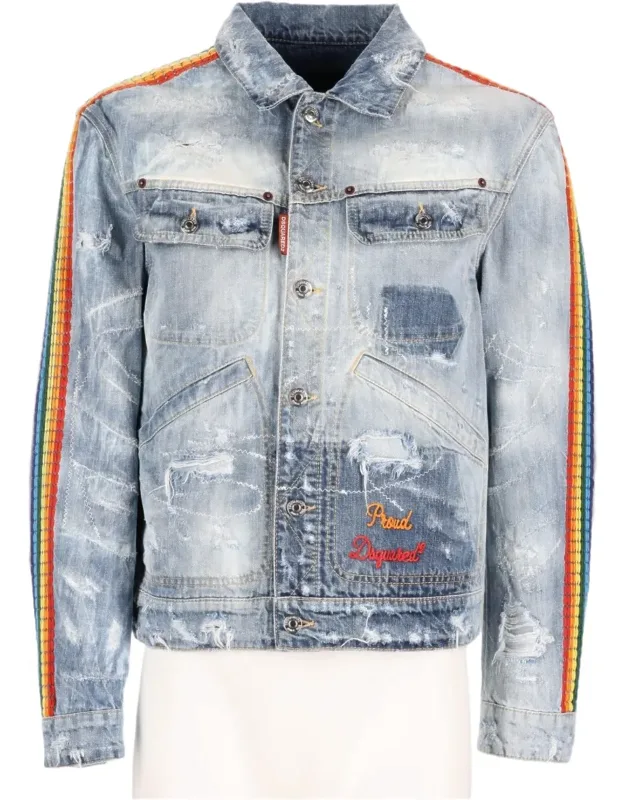 Distressed Rainbow Striped Denim Jacket