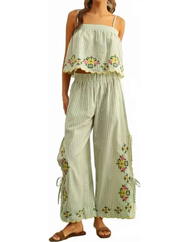 Floral Embroidery Striped Pants