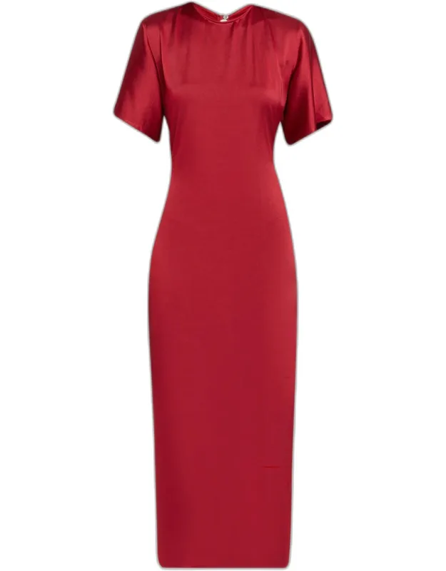 Fluid Satin Gathered Godet Midi Dress