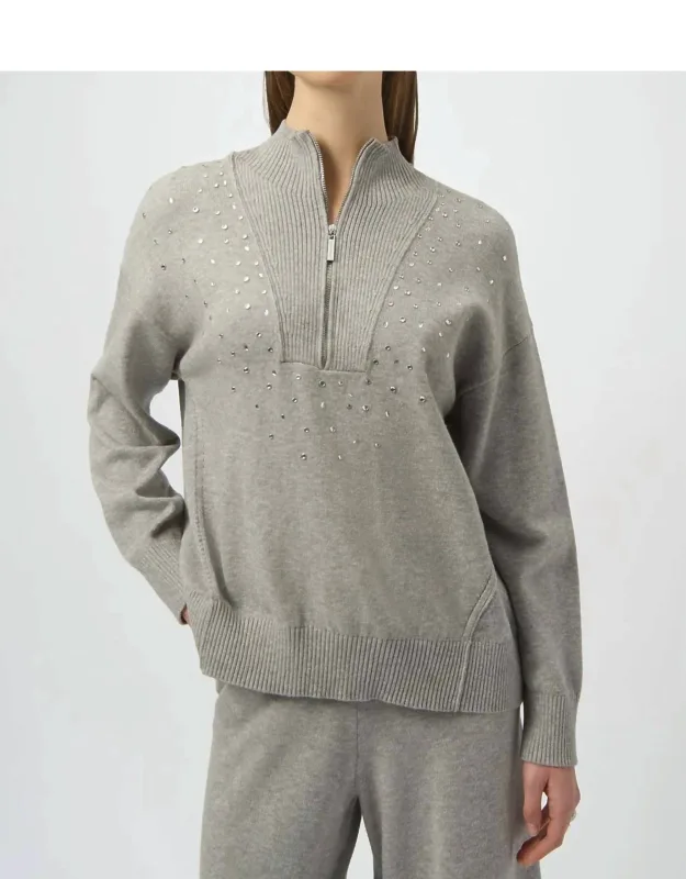 Embellished Zipped Mock Neck Pullover Sweater