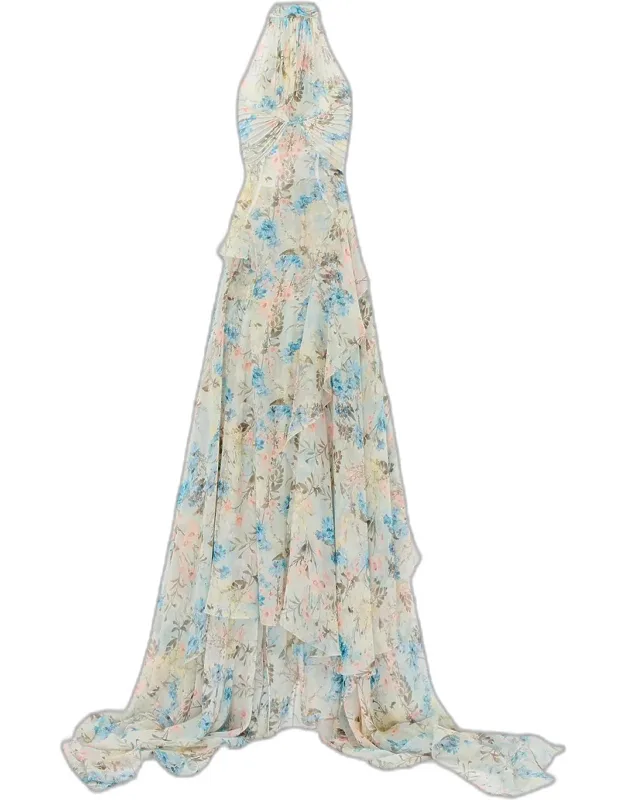 Pleated Floral Silk Georgette Halter Evening Dress