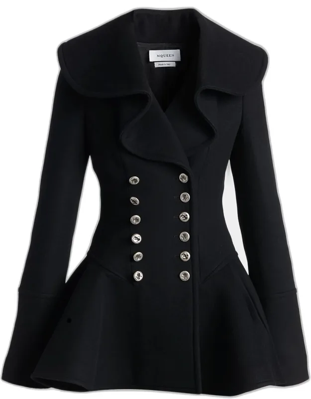 Ruffle Wool Fitted Double-breasted Coat