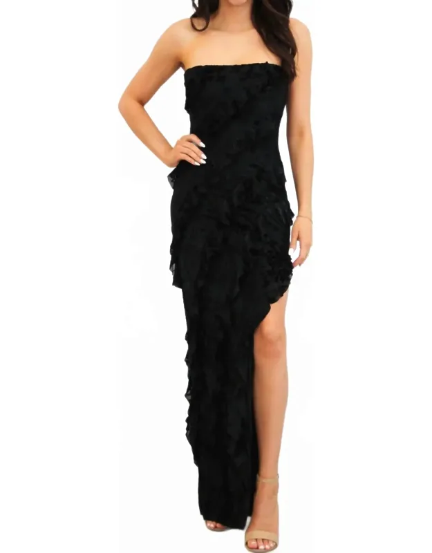 Strapless Ruffle Velvet Floral Maxi Dress