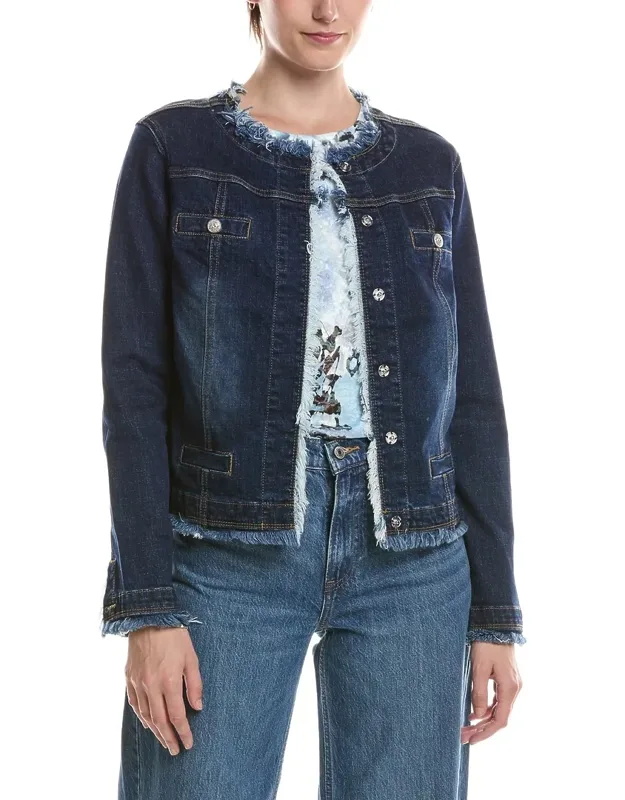 Collarless Frayed Edge Denim Jacket