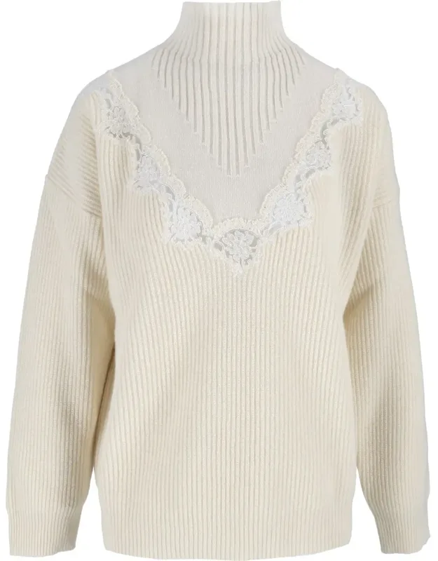 High Mock Neck Lace Detail Ribbed Knit Sweater