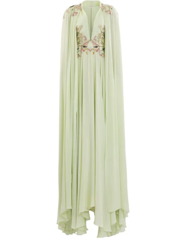 Reed-colored Crepe Maxi Dress With Elegant Cape And Embroidery