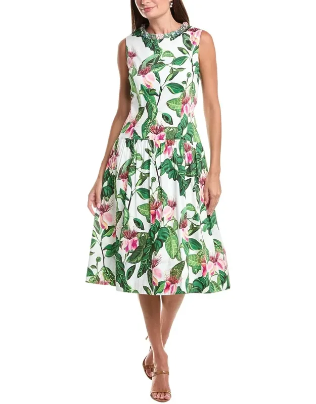 Floral Print Drop-waist Necklace Trim Dress