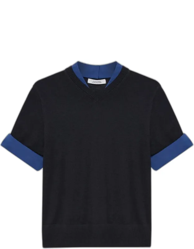 Merino Poplin-trim Knit Pullover