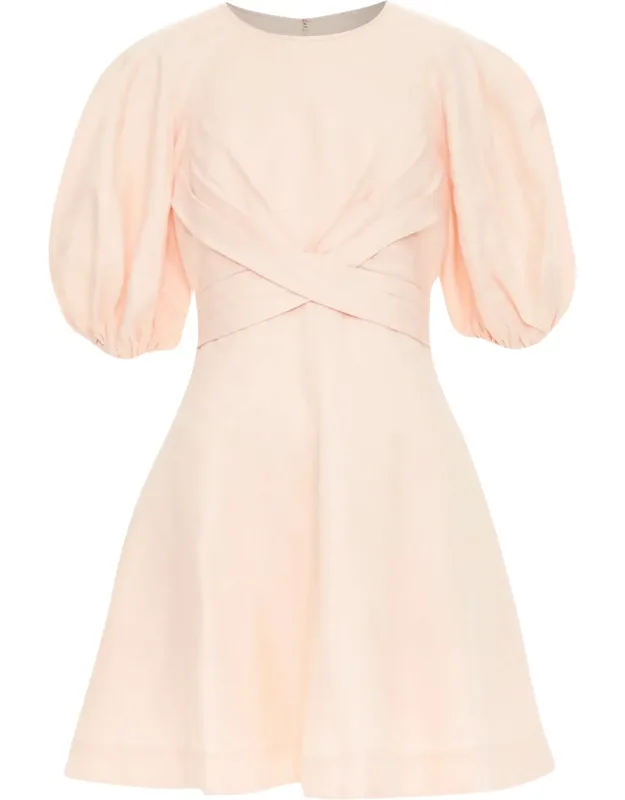 Wrap Bodice Linen Puff Sleeve Dress