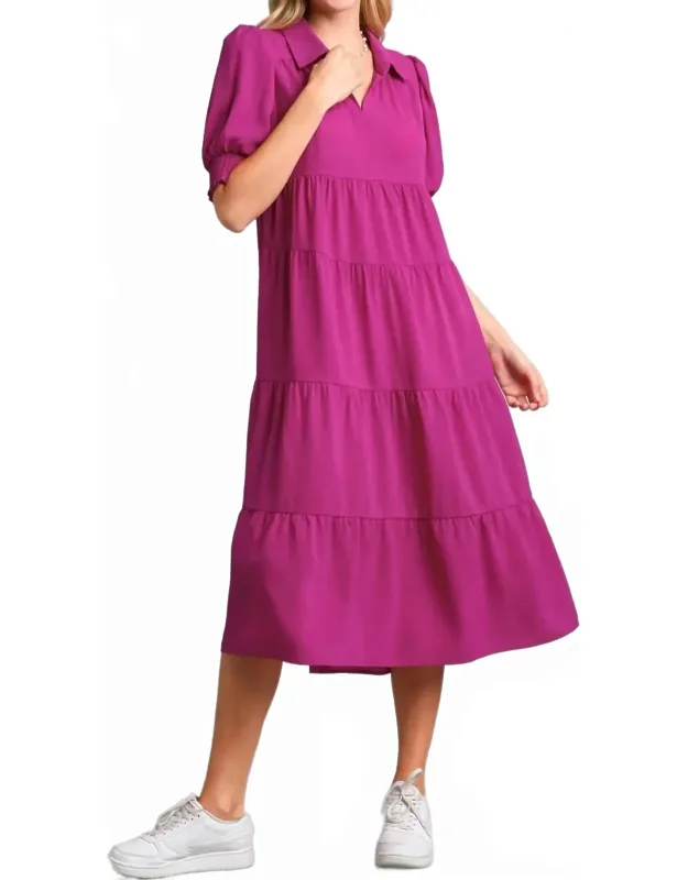 Tiered Cuffed Sleeve Midi Dress