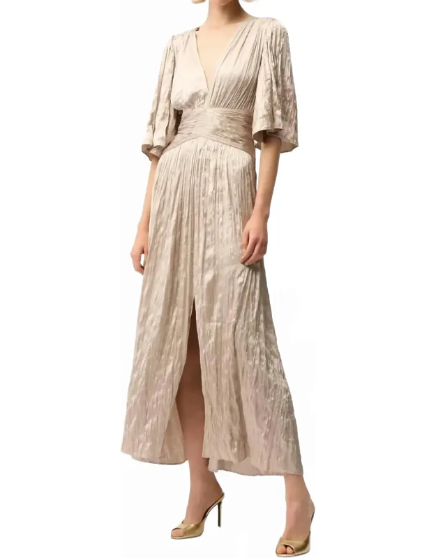Pleated Satin V-neck Maxi Dress