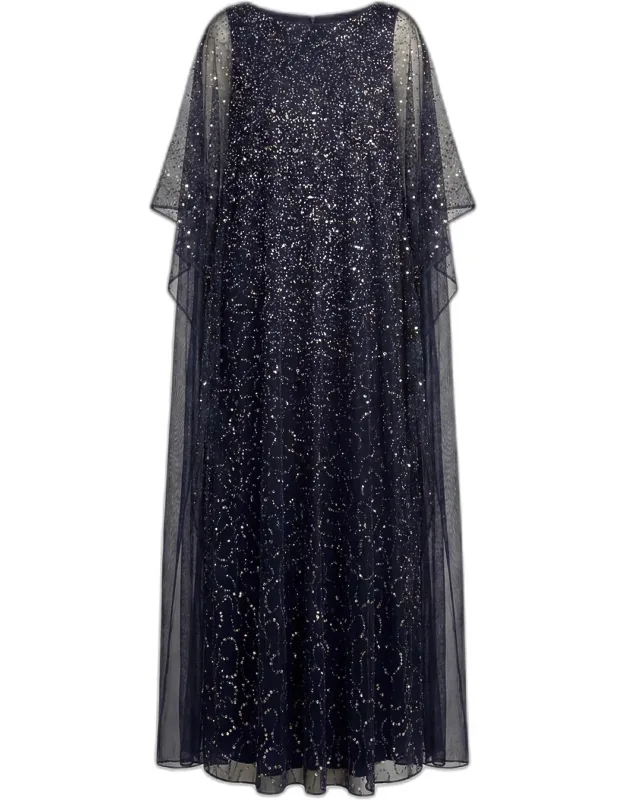 Embellished Mesh Caftan Maxi Dress