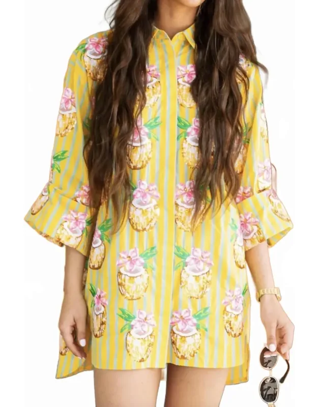 Striped Coconut Drink Button Up Cotton Tunic