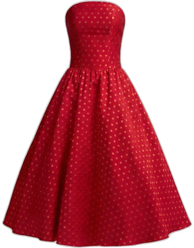 Polka Dot Brocade Strapless Midi Dress
