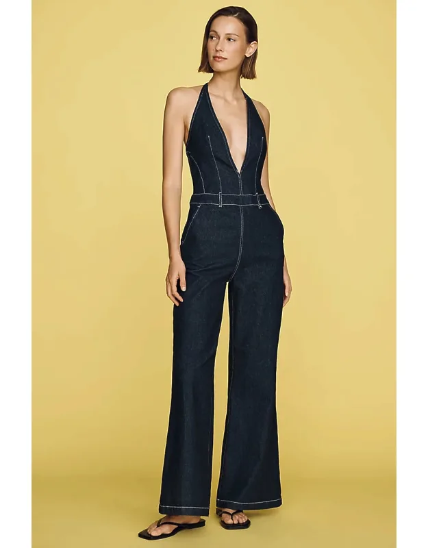 Plunge-neck Denim Jumpsuit