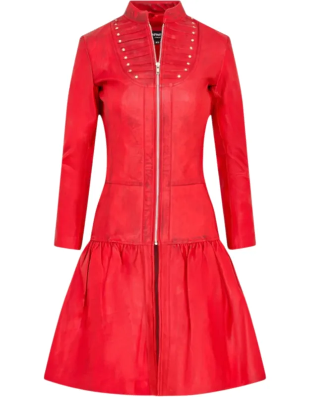 Goth Red Leather Victorian Studded Flare Coat