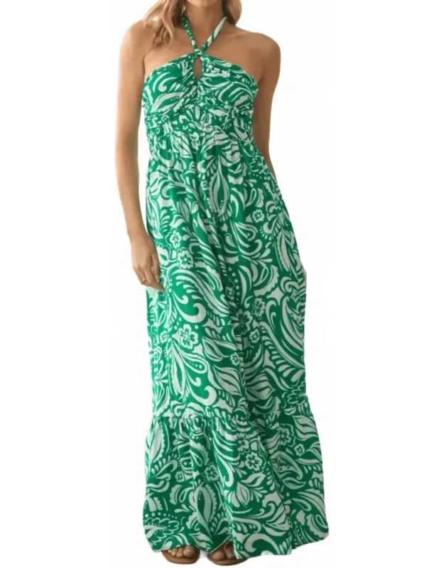 Floral Paisley Print Halter Neck Maxi Dress