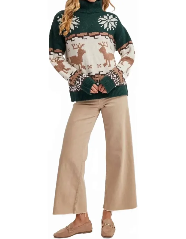 Fair Isle Turtleneck Reindeer Knit Sweater
