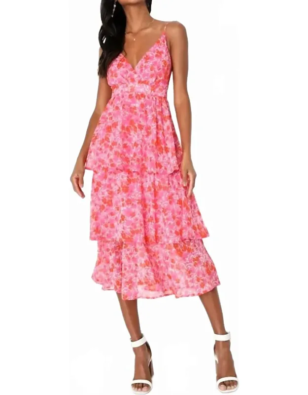 Adorable Obsession Print Lurex Tiered Midi Dress