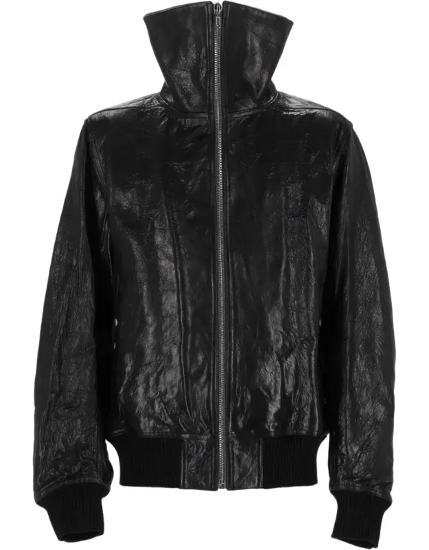 Structured Lamb Leather Jacket With High Collar And Ribbed Cuffs