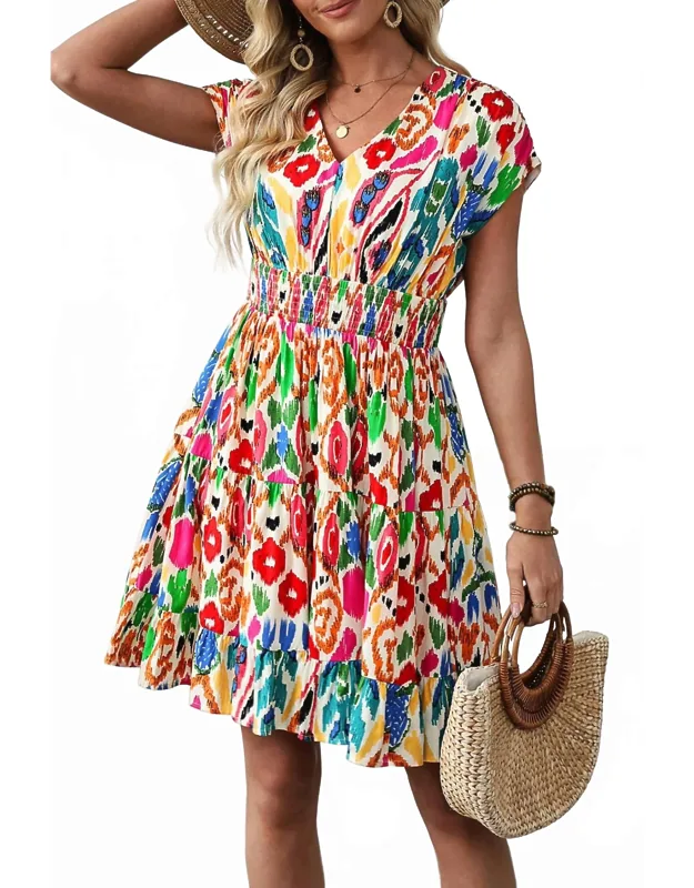 Abstract Print Ruffle Tiered Mini Dress