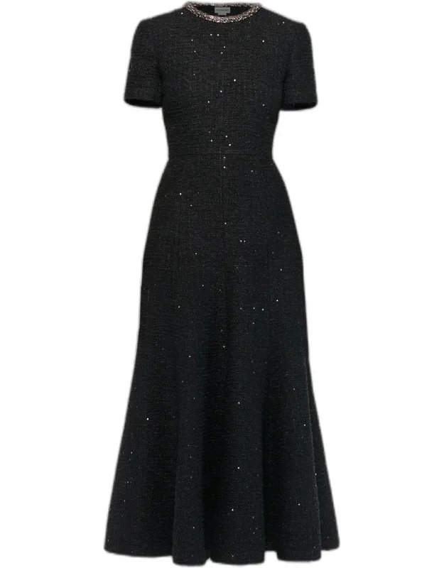 Embellished-neckline Sequin Tweed Midi Dress