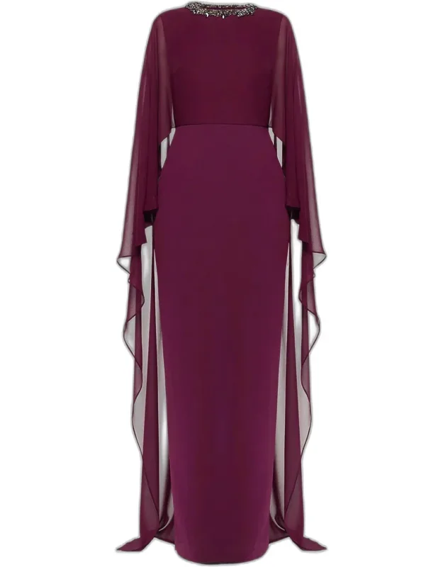 Embellished Cape Column Gown