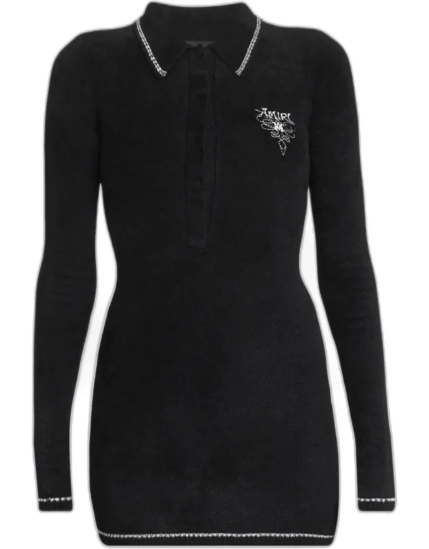 Velvet Knit Long-sleeve Mini Polo Dress