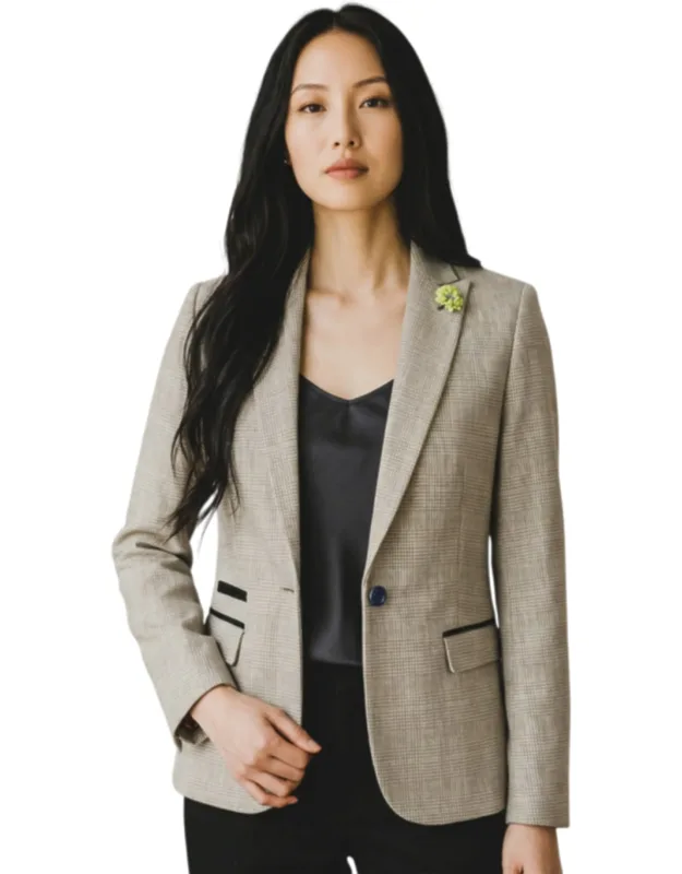 Cream Check Wool Blend Herringbone Tweed Tailored Blazer