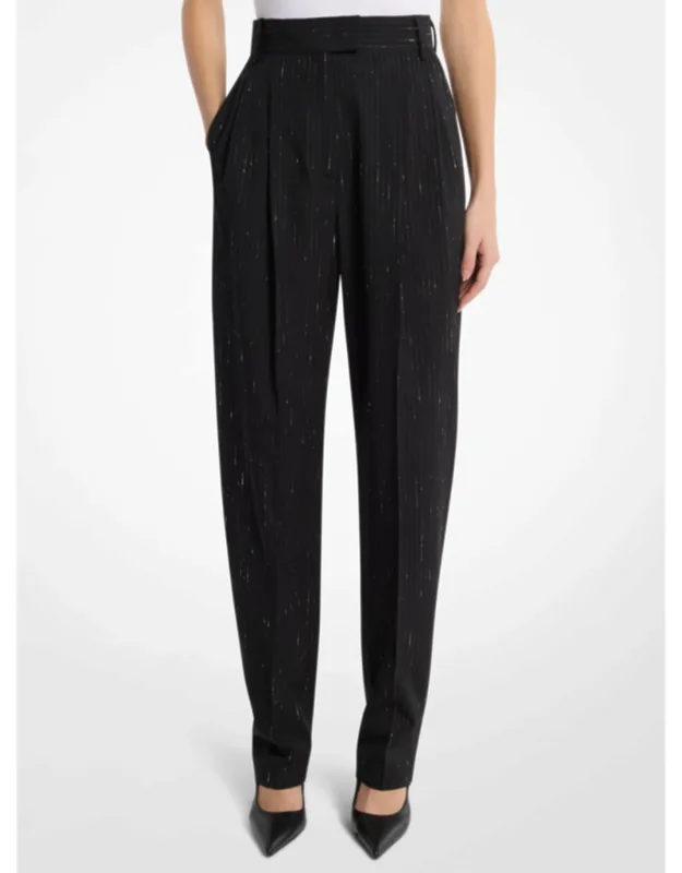 Pleated Pinstriped Sequin Stretch Wool Trousers