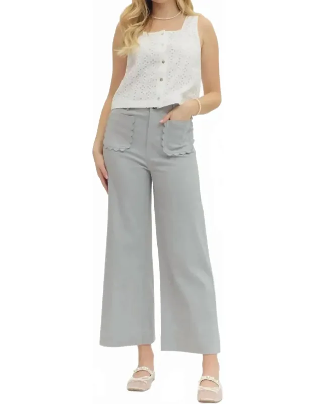 Solid Wide Leg Scallop Pocket Pants