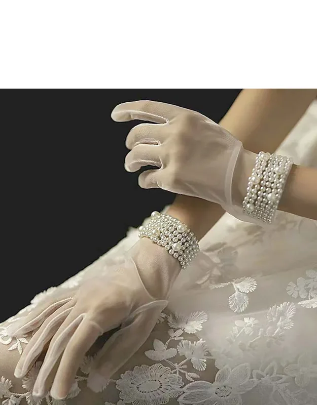 Sheer Pearl Embellished Cuff Gloves