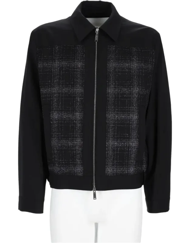 Textured Plaid Front Zip Virgin Wool-blend Jacket