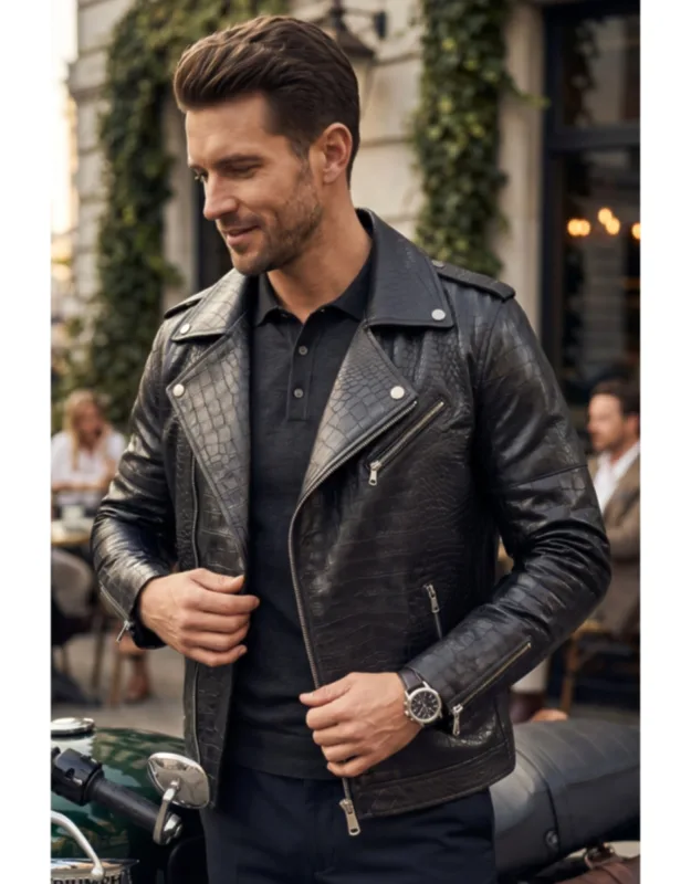 Alligator Print Embossed Biker Jacket