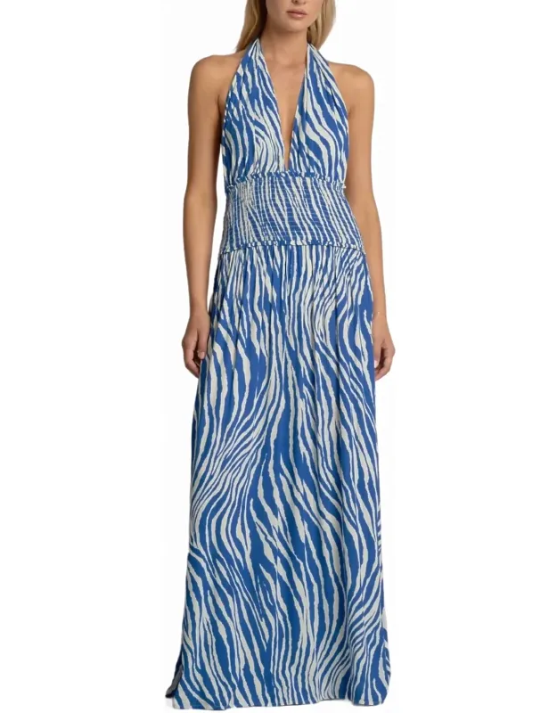 Halter Maxi Dress In Zebra With Plunging Neck And Empire Waist