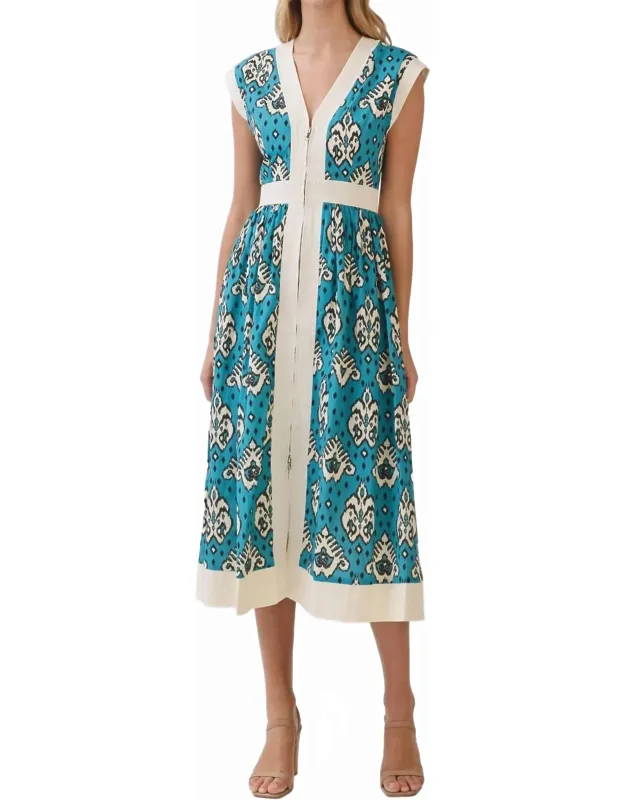 Contrast Trim Printed Zip Front Midi Dress
