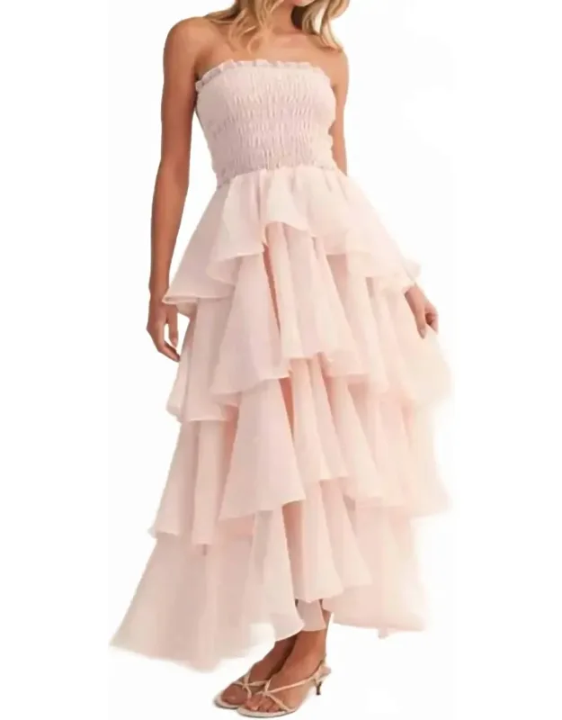 Smocked Strapless Ruffle Maxi Dress