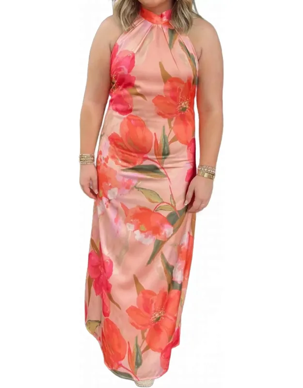 Floral High Neck Satin Midi Dress
