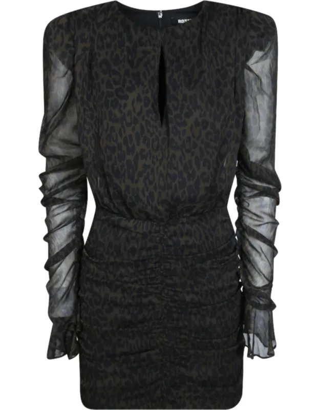 Ruched Flower Keyhole Sheer Sleeve Mini Dress