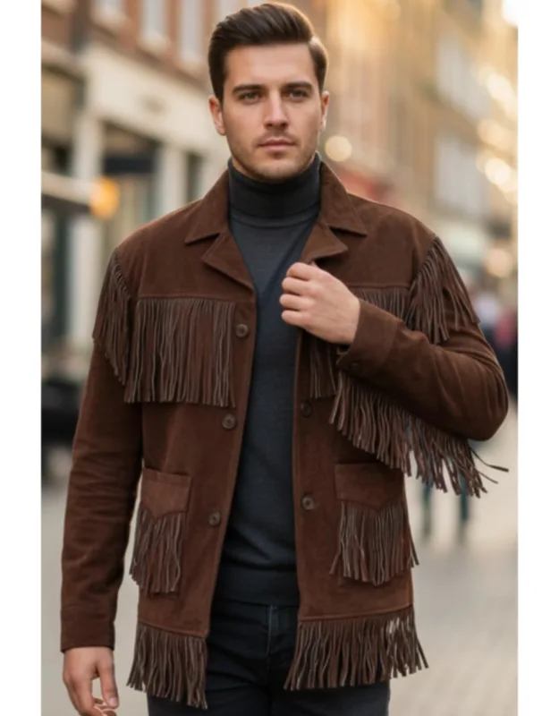 Western Retro Cowboy Suede Leather Fringe Jacket