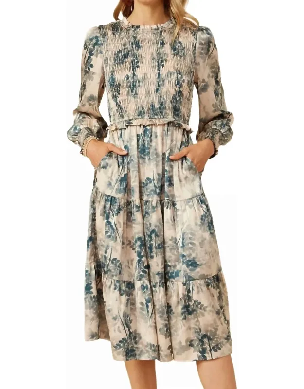 Botanical Print Smocked Bodice Satin Dress