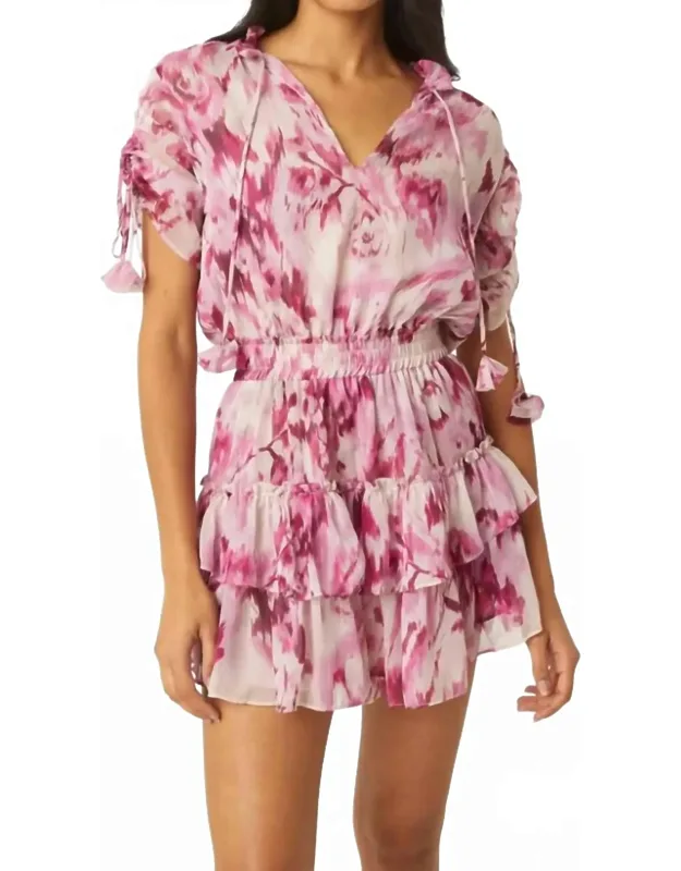 Becca Dress In La Vie En Rose With Split Neckline And Smocked Elastic Waist