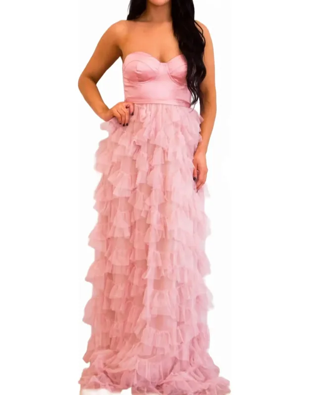 Strapless Tulle Ruffle Maxi Dress