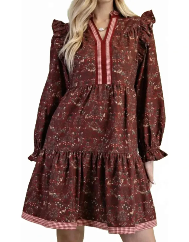 Vintage Woodland Print Tiered Dress