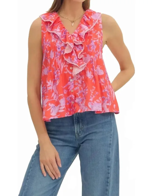 Botanical Ruffle V Neck Top